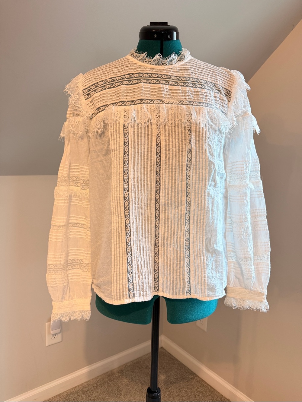 Mango White Lace-Trim Pintuck Peasant Blouse